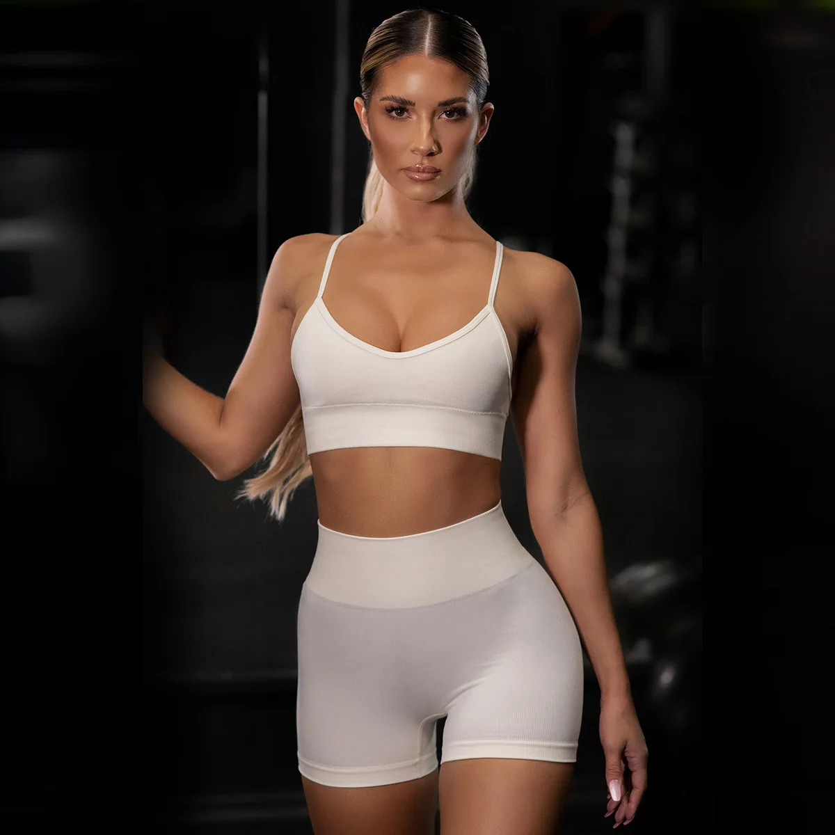 

Net Red Women Sexy Suspenders Sports Bra Fitness Yoga Shorts Tight Hip Lift Seamless Bra Shorts Set
