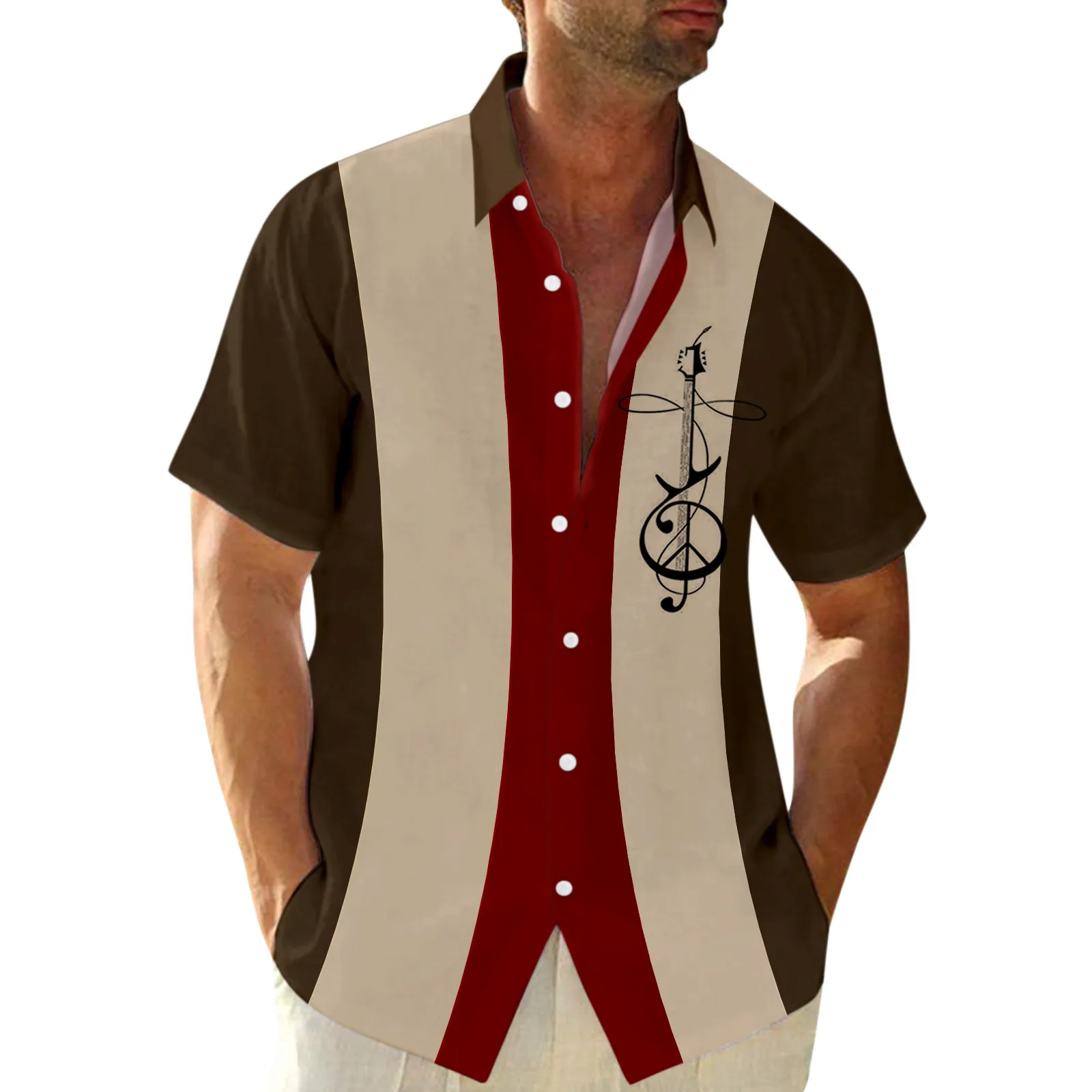 

Male Summer Casual Music Print Shirt Short Sleeve Turn Down Collar Shirt Loose Summer Top
