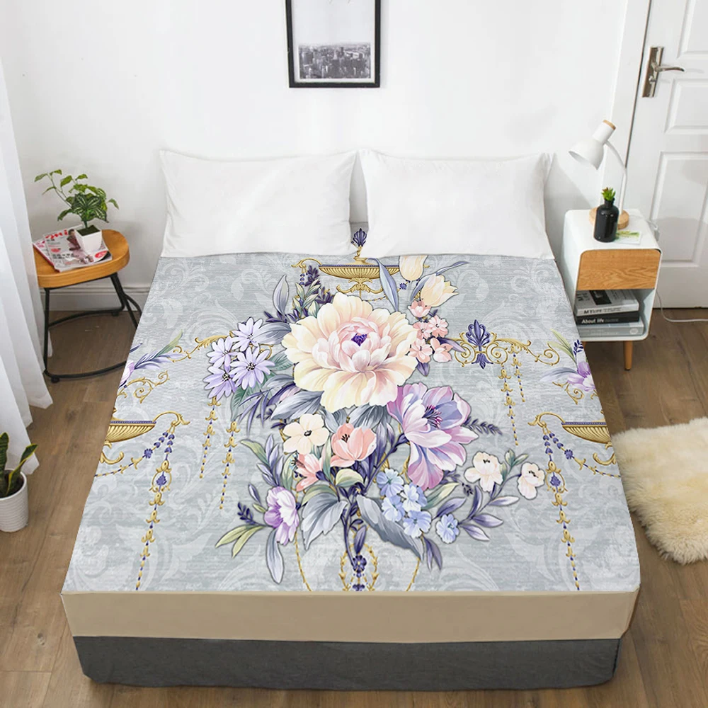

1pc Elastic fitted sheet bed sheet With An Elastic Band Mattress Cover 160x200 180x200 Customizable size Bed cover flower golden