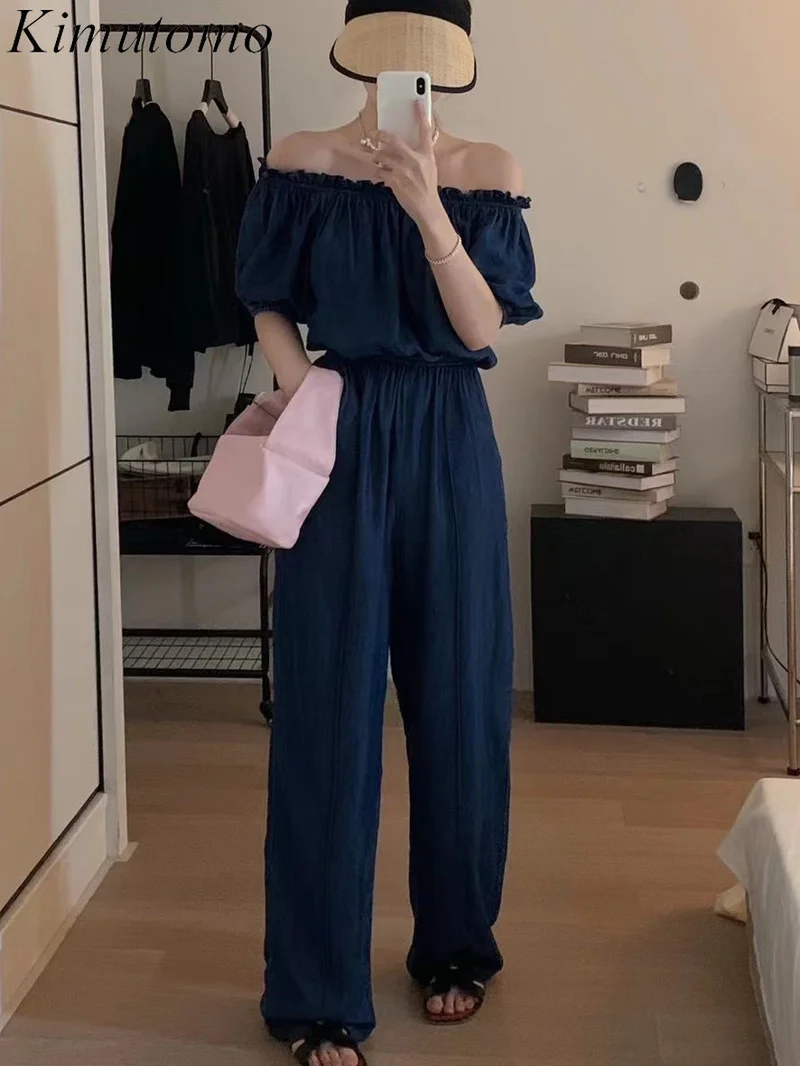 

Kimutomo Vintage Straight Denim Jumpsuit Woman Elegant Slash Neck Stitching Fungus Lantern Sleeves High Waist Wide Leg Jumpsuits