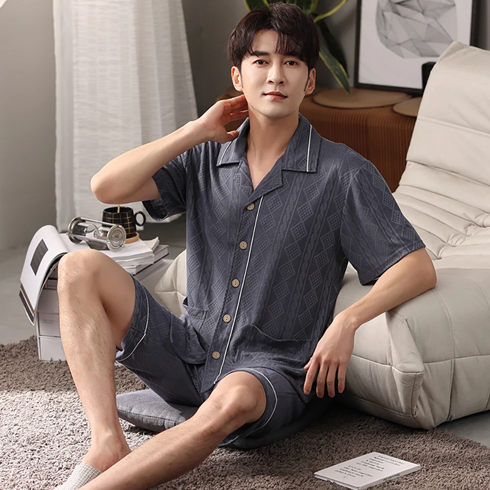 4XL Summer Loose Male Pajamas Trendyol Solid Striped Sleepwear Modal Breathable Silkly Pajama Sets Button Short Sleeve SleepTops