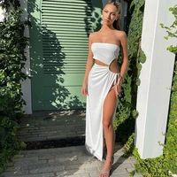 new fashion chic and elegant women dress 2022 summer sexy lady slit skirt with tie belt hot girl outfits hollow out tank clothes