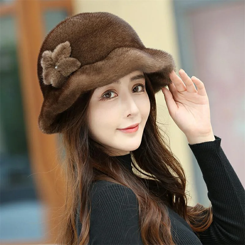 Women's Winter Warm Beanie Hat Russian Mink Fur Hat Korean Version Fashion Fur Earmuffs Pilot Hat Women's Pilot Hat Adjustable