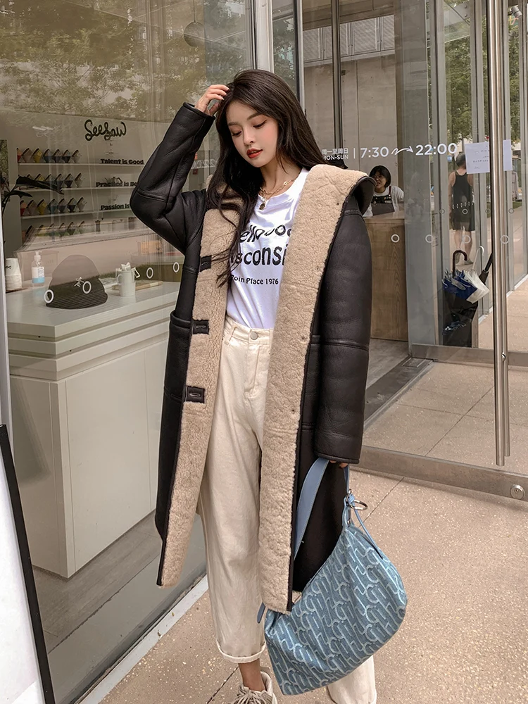 Genuine Leather Hooded Mid-Length Fur Coat Women's New Coat Motorcycle Clothing Women's Autumn and Winter