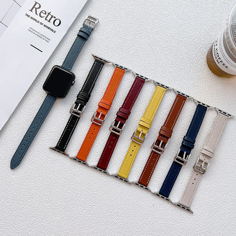 

Ремешок кожаный для Apple Watch 7 6 Se 5 4, тонкий браслет для iWatch 40 мм 44 мм 41 мм 45 мм 38 мм 42 мм