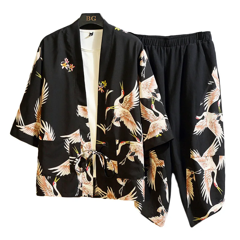 Print Crane Men Black Pajamas Sets 2PCS Cotton Kimono Robe Chinese Style Summer New Cardigan Suit Lingerie Home Clothes