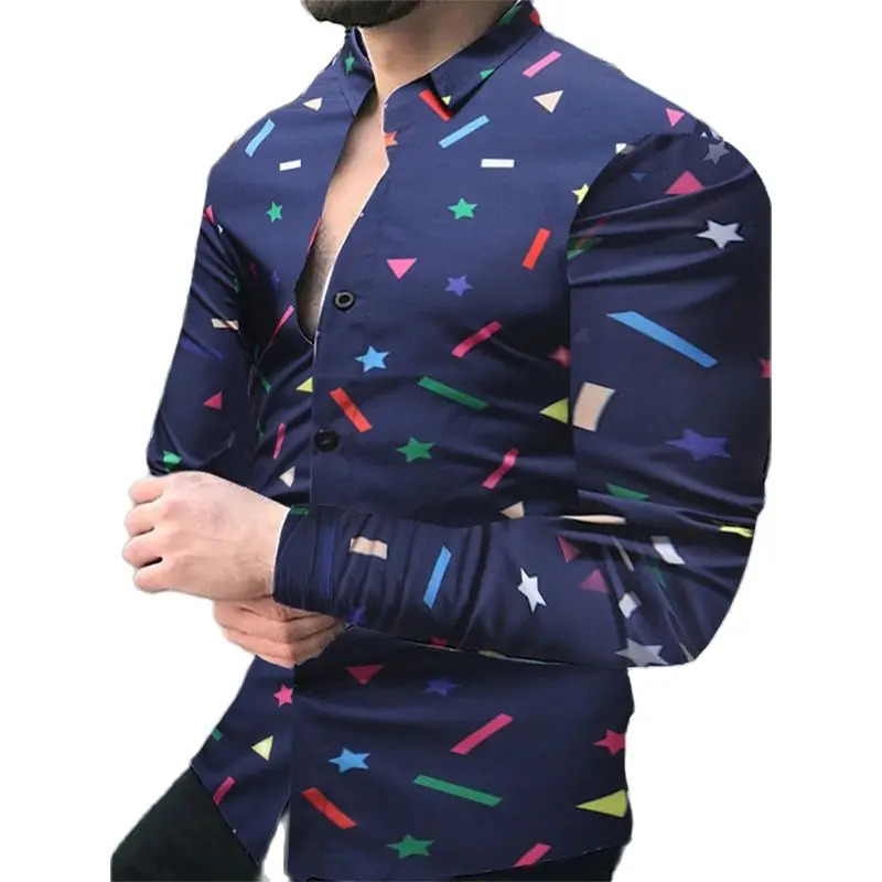 

Autumn Fashion Social Men Shirts Slim Fit Turn-down Collar Buttoned Shirt Casual Print Long Sleeve Tops Mens Clothing Cardigan
