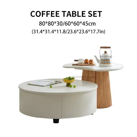 Белый журнальный столик с выдвижным ящиком, доска высокой плотности для гостиной, мебель для маленькой квартиры, минималистичный деревянный круглый журнальный столик, набор