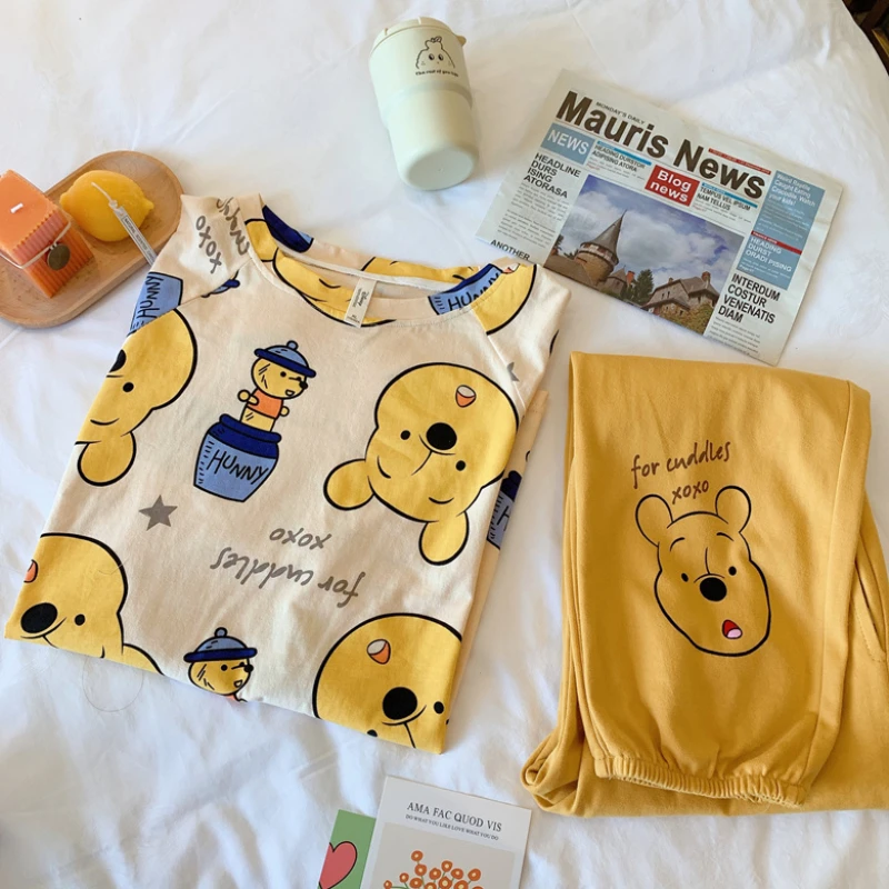 Disney Sleepwear Cartoon Pajamas Set for Women Long Pants Short Sleeved Summer Loungewear Fashion Home Clothing Homewear Suit