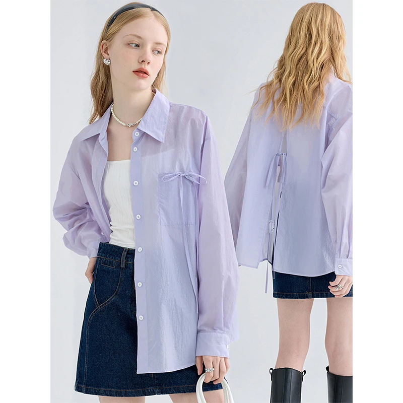 

Women Casual Bow Thin Lightweight Long Sleeve Blouse Summer Outdoor Sun Protection Clothes Female Cardigan Sunscreen Shirt Tops