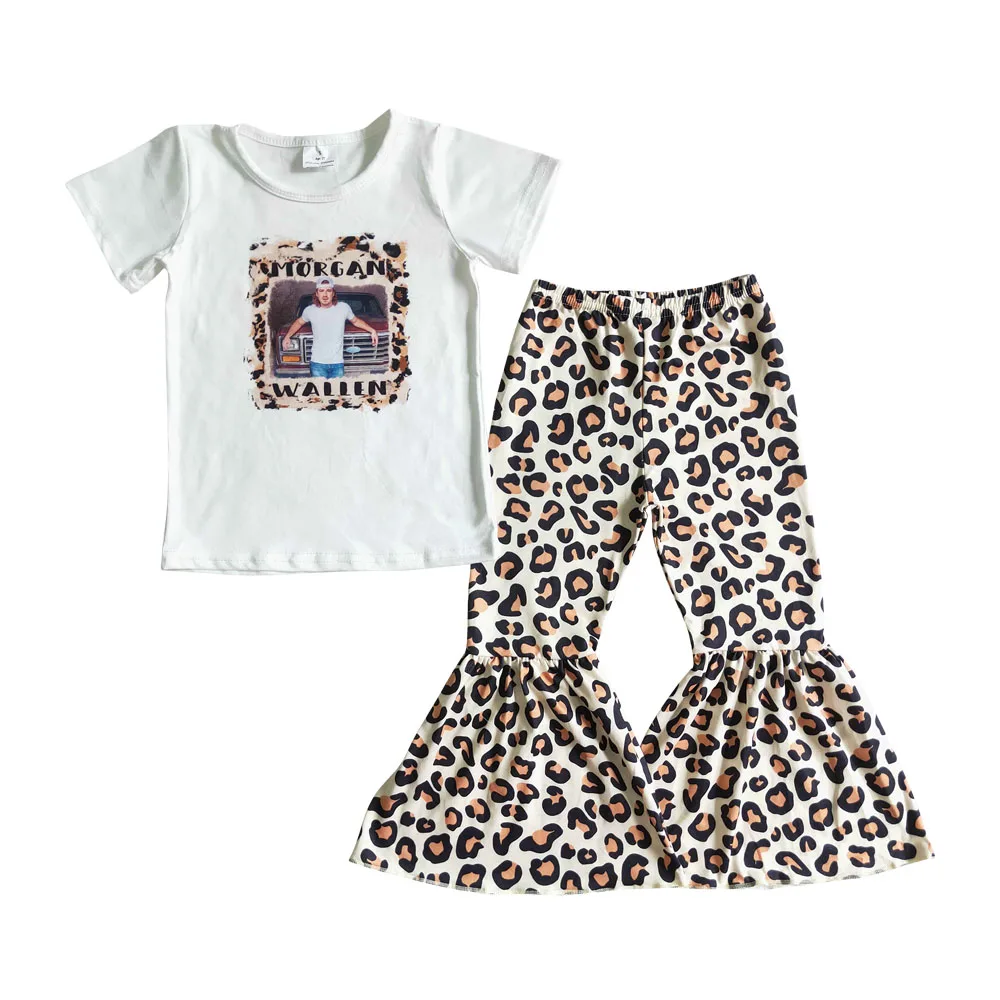 

RTS Girls Clothing Sets Singer Short Sleeves White Tee Shirt Kids Wear Leopard Baby Bell Pants Sets Children Clothes