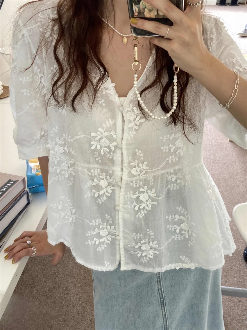 Женская рубашка с цветочной вышивкой свободная повседневная офисная V-образным