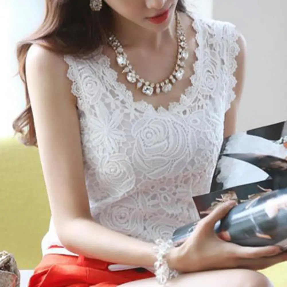 

Lace Hollow Summer Top Sexy O-neck Sleeveless Tunic Top Solid Color Vest Top Floral Streetwear for Daily Wear