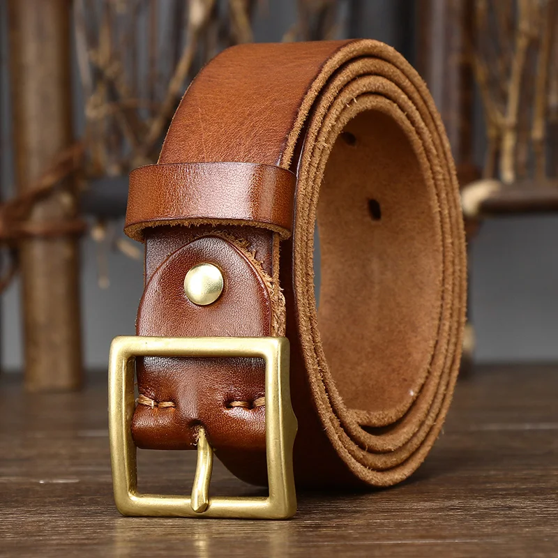 3.3cm Width Cow Genuine Leather Man/Woman Belts Vintage Couple Style Brass Pin Buckle Belt For Men/Woman Casual Jeans Belt G800