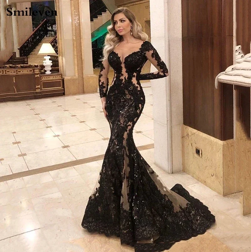 

Applique Long Sleeves Prom Dresses Mermaid Vestidos De Festa Fashion Court Train Abendkleider Evening Party Gowns