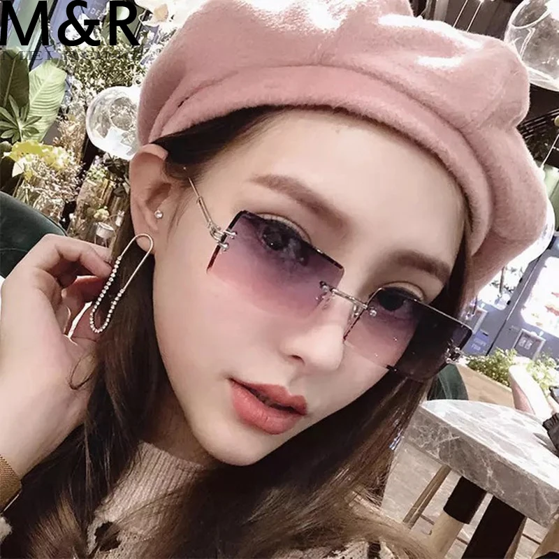 

Vintage Fashion 2022 New Sunglasses Rimless Frameless Rectangle Shades Gradient UV400 Summer Traveling Sun Glasses for Women
