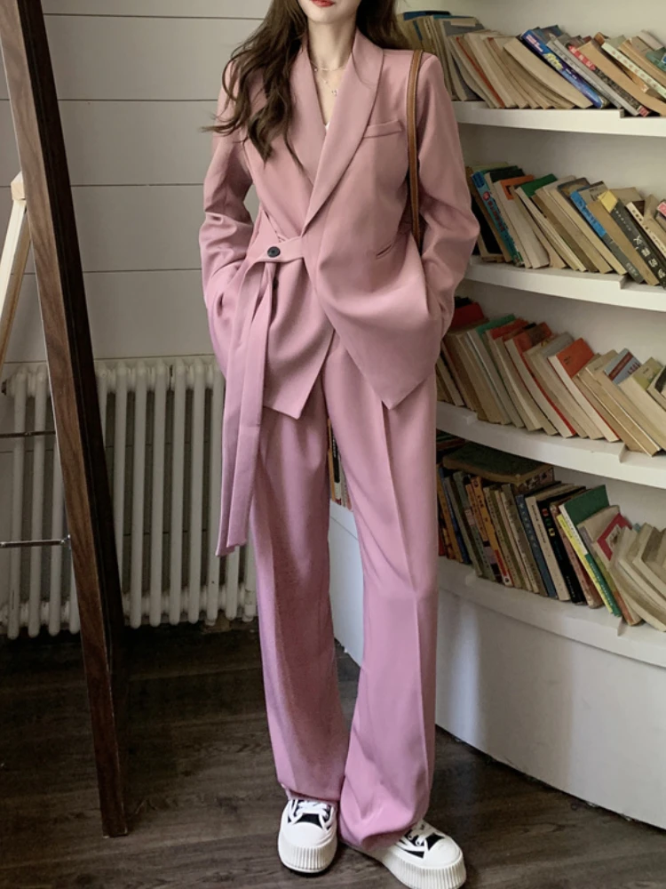 

New Women Casual Business Blazer Pantsuit Vintage Fashion Korean Suit Jackets Straight Pants 2 Pieces Female Chic Trousers Suit
