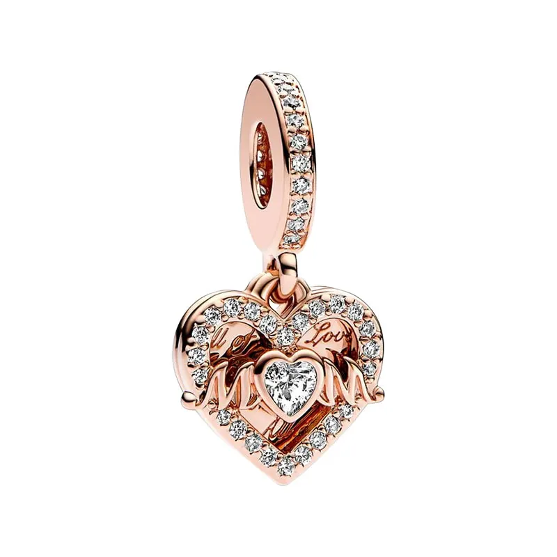

14K Rose Gold Double Hearts Pendants Charms For Women Openwork Mom Clear CZ Stone Jewelry Making DIY Bracelets Mother's Day Gift