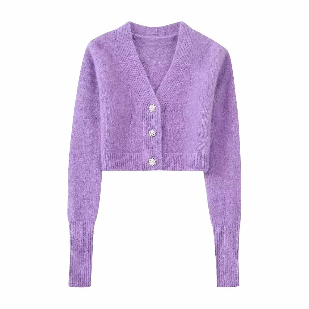 

TRAF WOMEN 2022 New Fall/Winter Fashion Wool-Blend Jewelry Button Knit Jacket Casual Long Sleeve Elegant Chic Female Cardigan