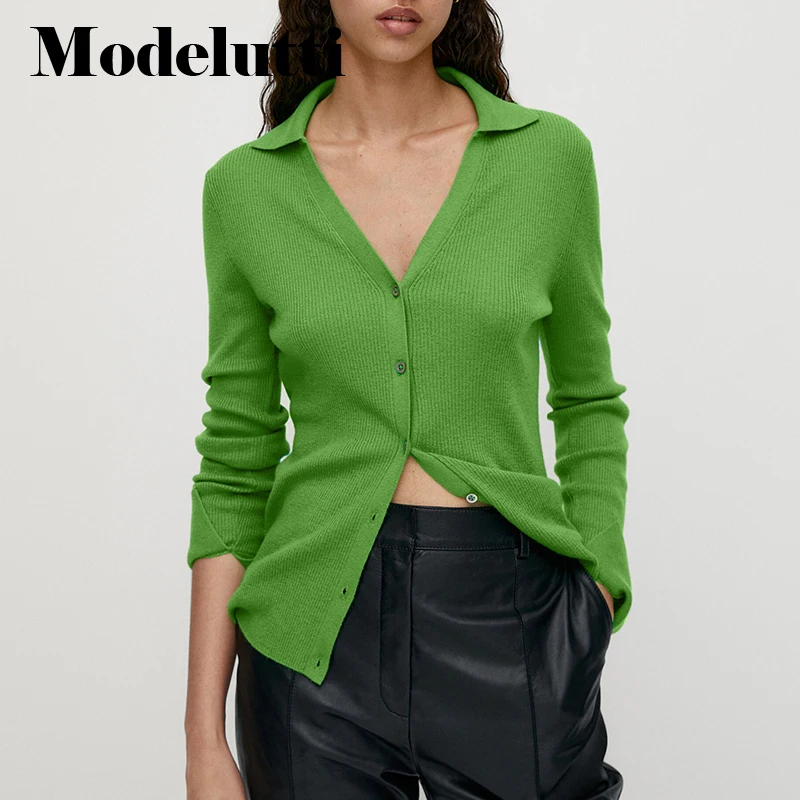 

Modelutti 2022 New Spring Autumn Fashion Long Sleeve Slim Ribbing Knitted V-neck Sweater Women Solid Simple Casual Tops Female