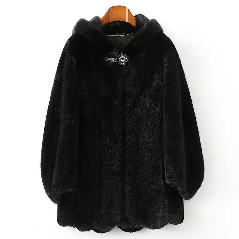 2022 Mink Fur Coat Korean Version Winter Hooded Whole Mink Coat High-End Black Real Fur Warm Outwear