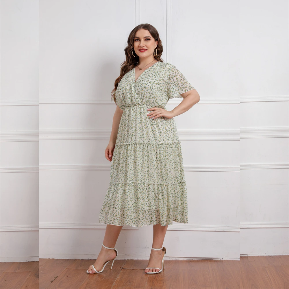2022 Summer New Hot Sale European And American Style Chiffon Plus Size V Neck Floarl Short Sleeve Dress For Large Women