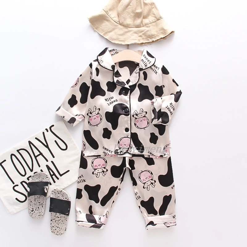 

Summer Children Cartoon Full Sleeve+Shorts 2pc Satin Silk Pajamas Sets Girls Sleepwear Boys Loungewear Leisure Wear Home Clothes