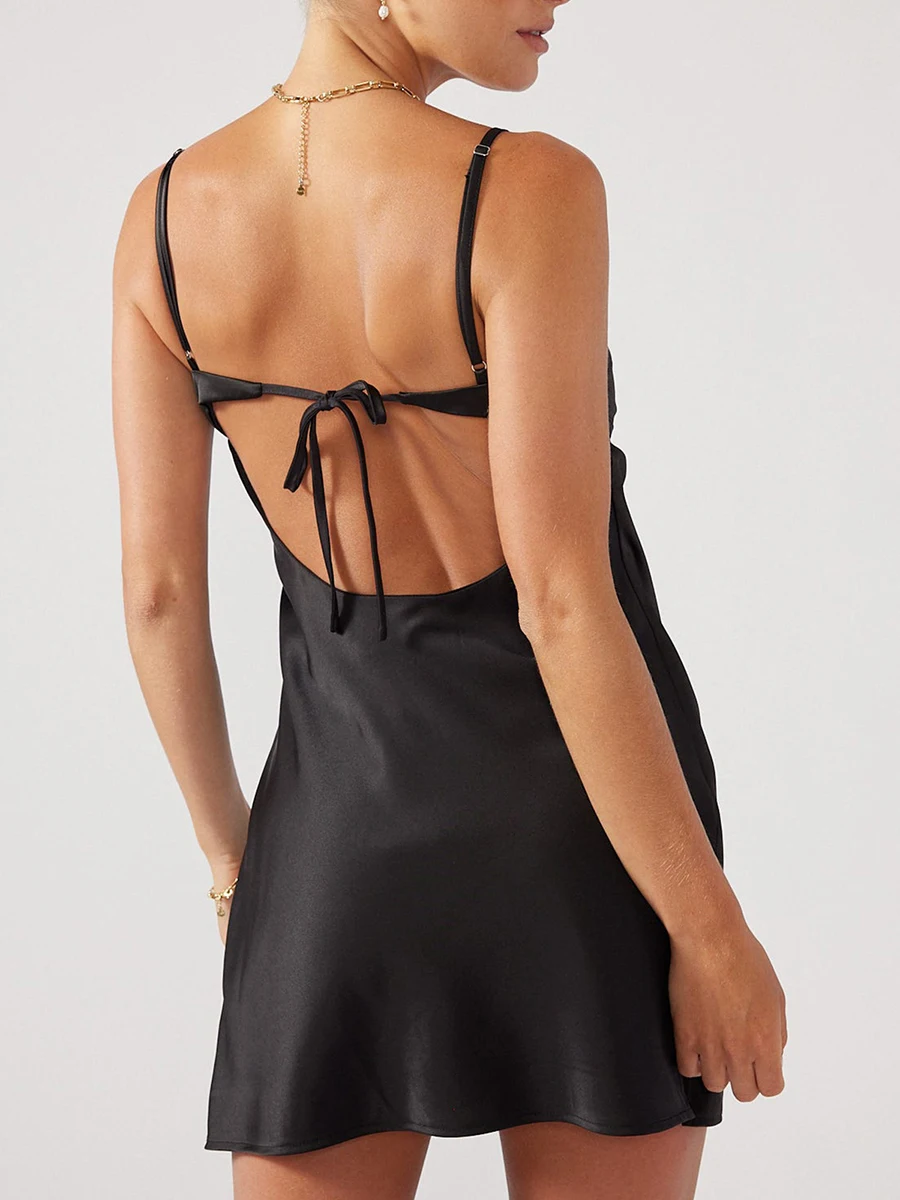 

Elegant Spaghetti Strap Backless Mini Dress for Women - Summer Sleeveless Bodycon Dress with Tie-Up Detail Perfect for Any