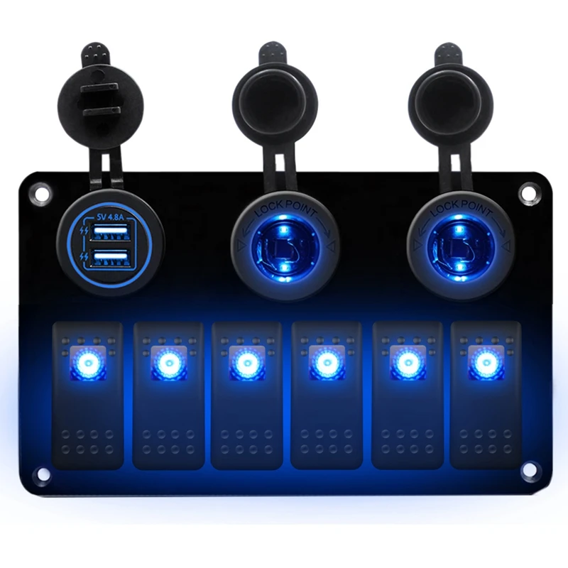 

6 Gang Dual USB LED Rocker Switch For camper Marine Boat Car Truck Panel Toggle Switch Waterproof Speedboat Practical modificati