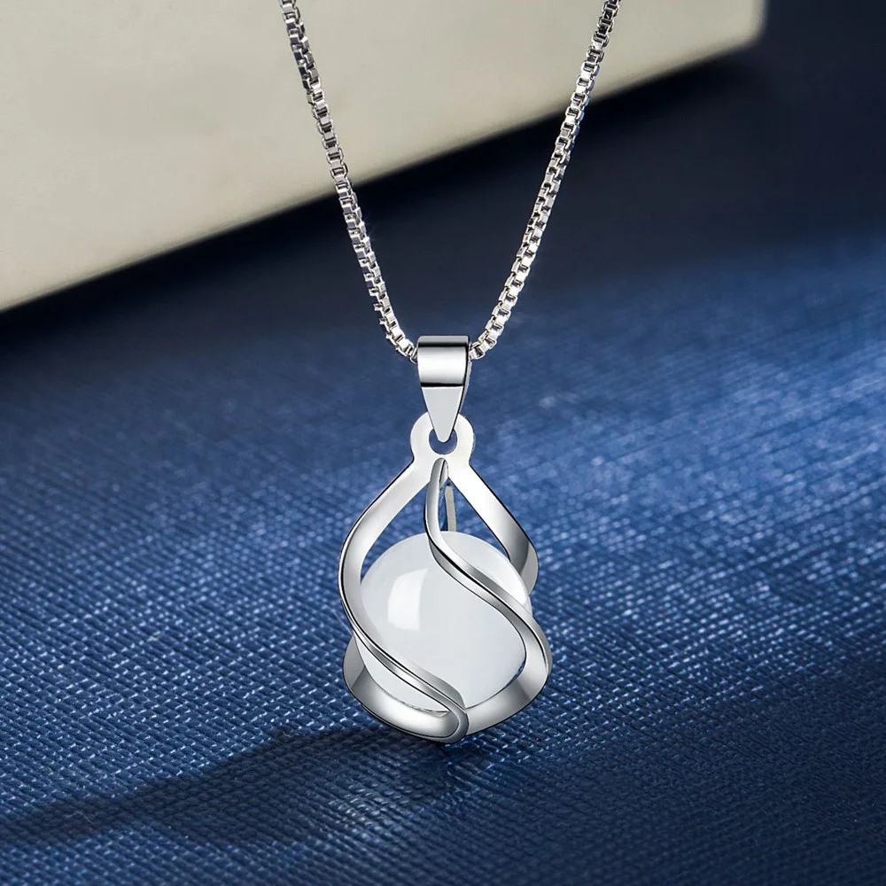 

925 Sterling Silver 2022 New Woman Fashion Jewelry High Quality Round Opal Agate Drop Pendant Necklace Gift TLength 45CM