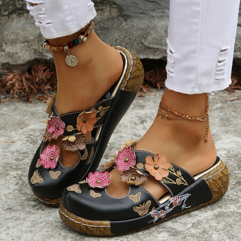 

Женские туфли из искусственной кожи, шлепанцы с цветами, сланцы ручной работы, шлепанцы на платформе, клоги для женщин, женские шлепанцы