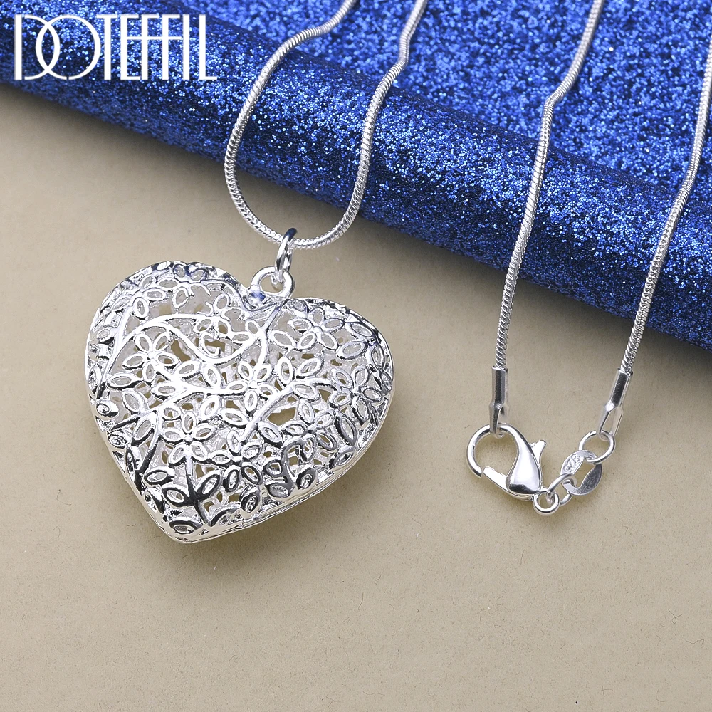 

DOTEFFIL 925 Sterling Silver 18-30 Inch Carved Heart Pendant Snake Chain Necklace For Women Fashion Wedding Party Charm Jewelry