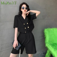womens summer shorts suit 2022 new casual short sleeve top jacket pants two piece korean elegant tracksuit female clothing