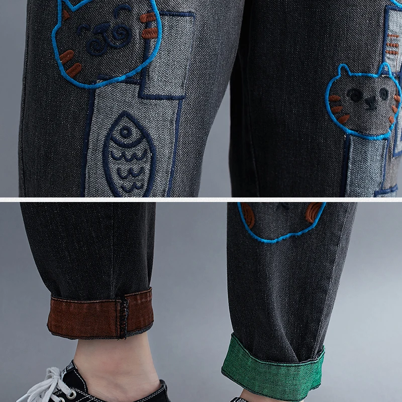 Джинсы Cartton с вышивкой кошки женские шаровары высокой талией каваи джинсовые