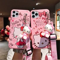 bandai hello kitty hand rope bracket doll phone case for iphone x xr xs 7 8 plus 11 12 13 pro max 13mini cover