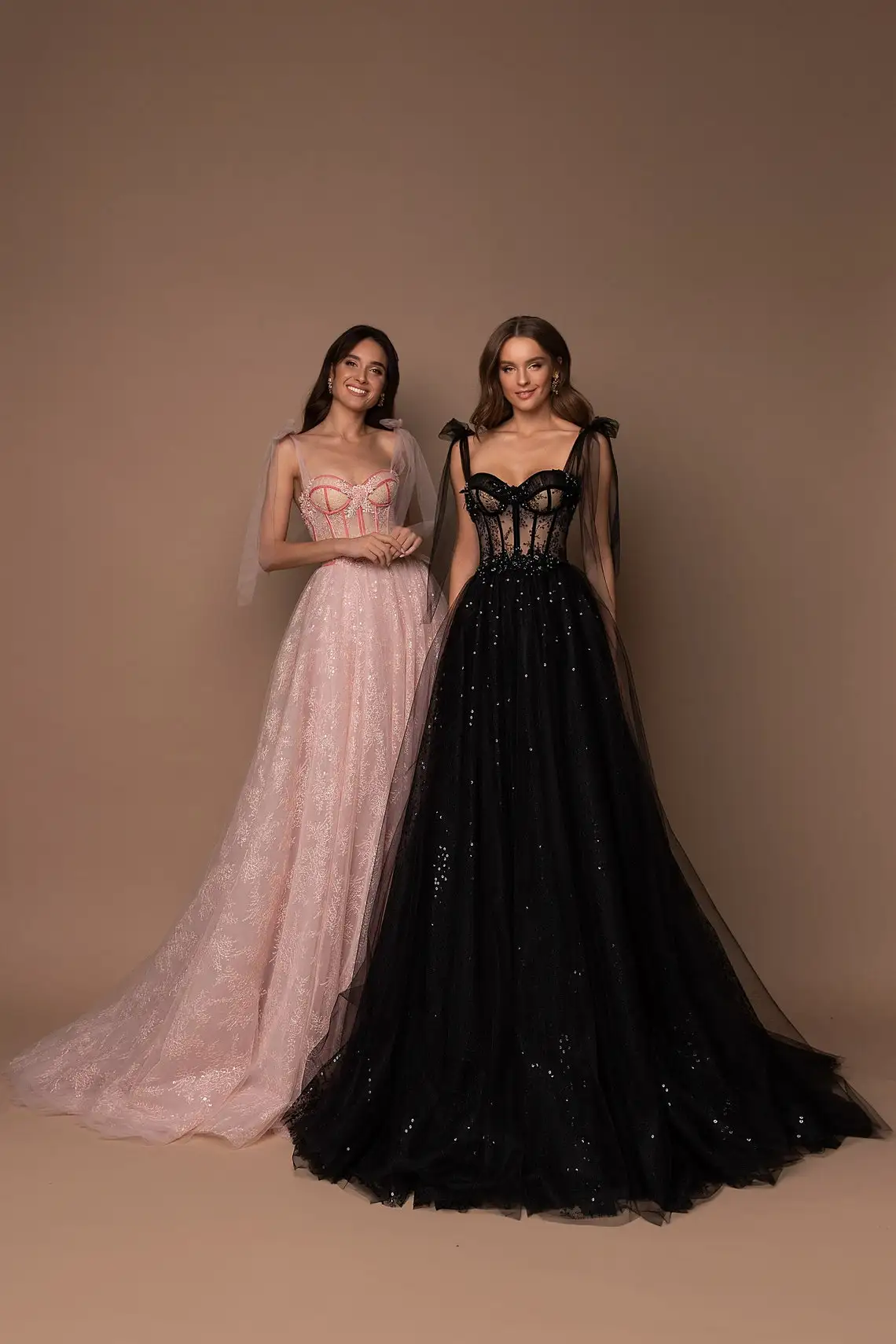 

Fashion Tulle Evening Dress with Cups Black Pink Red See Through Sequined Prom Dress Strapp Shoulder Formal Party Dress