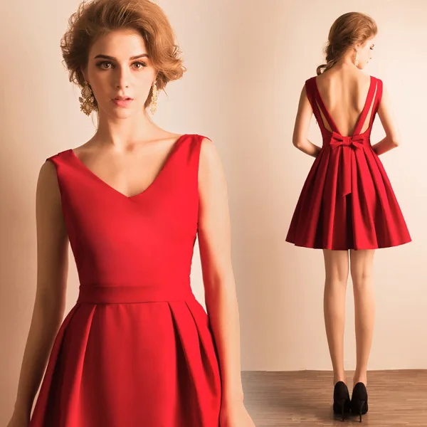 

Женское Короткое платье подружки невесты, красное элегантное легкое платье с открытой спиной и глубоким V-образным вырезом, наряды для матери невесты