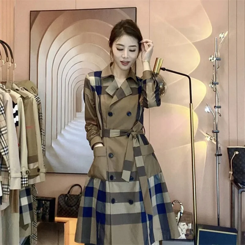 

Винтажный Длинный клетчатый ветрозащитный костюм, куртка, новинка 2022, осенняя Женская одежда, блейзер цвета хаки в британском стиле для пол...