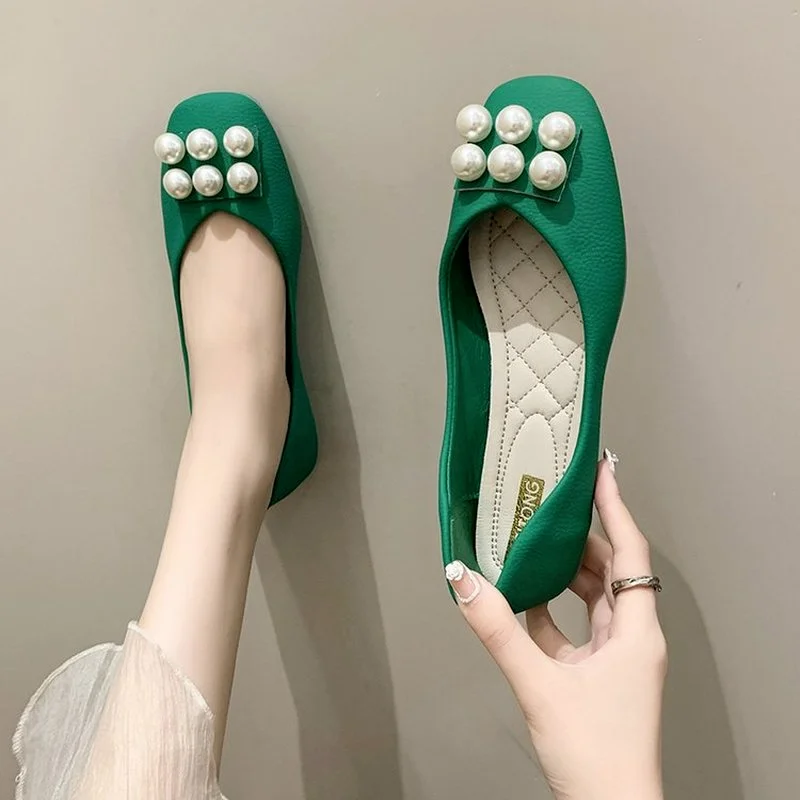 Women's Flat Shoes 2022 Spring Autumn New Fashion Women's Square Toe Pearl Shoes Women's Green Black Soft Sole Women's Shoes