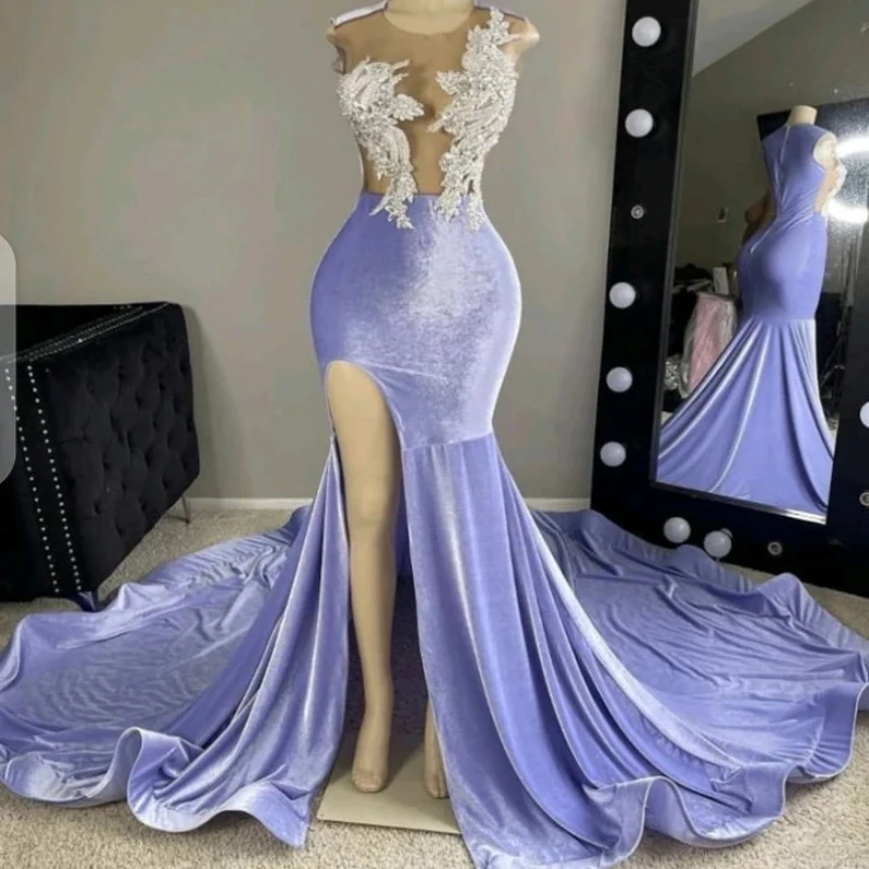

Purple Velvet Mermaid Prom Dresses 2023 O Neck Crystal Beads Sequins Sexy Side Split Party Gowns Homecoming Gowns Robe De Ball