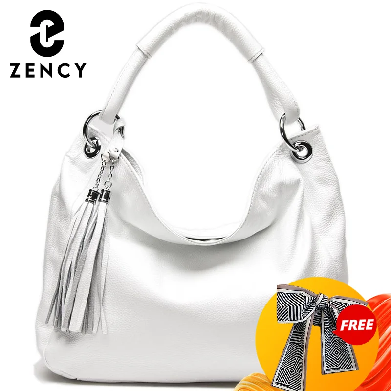 Zency 100% Soft Genuine Leather Tassel Women's Handbag Black White Ladies Shoulder Bags Messenger Satchel Crossbody Purse