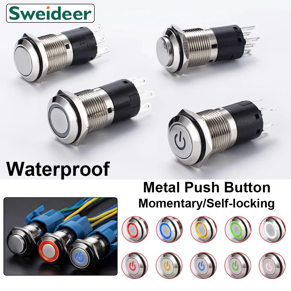 

16MM19MM Waterproof Metal Push Button Switch Momentary Fixed 2NC2NO Power Button Start Stop on Off 24v for Car Computor Doorbell
