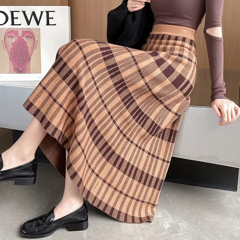 

Luxury Plaid Long Knit Women Skirt Autumn Winter Thick Warm A Line Skirt Chic Knitted Sweater Skirt Femme Faldas Mujer X40