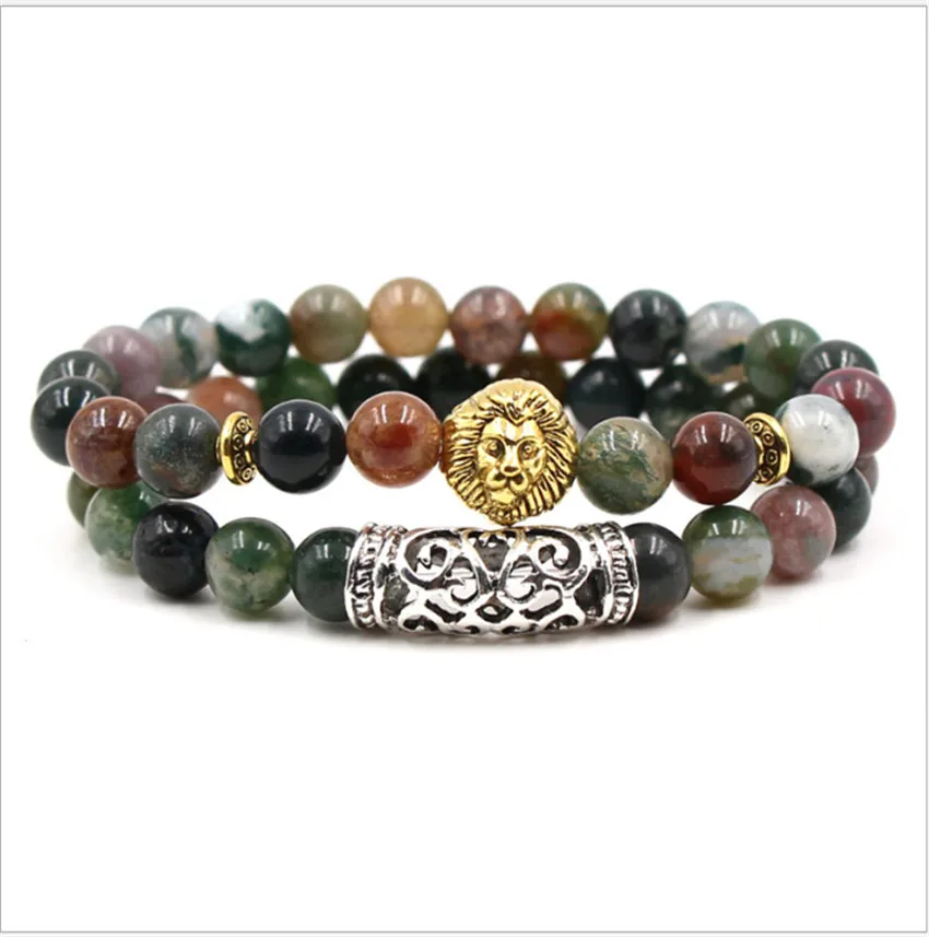 

2 Pcs Set Bracelet Couples Distance Colorful Natural Stone Lion Buddha Head Beaded Bracelets For Men Women Yoga Healing Jewelry
