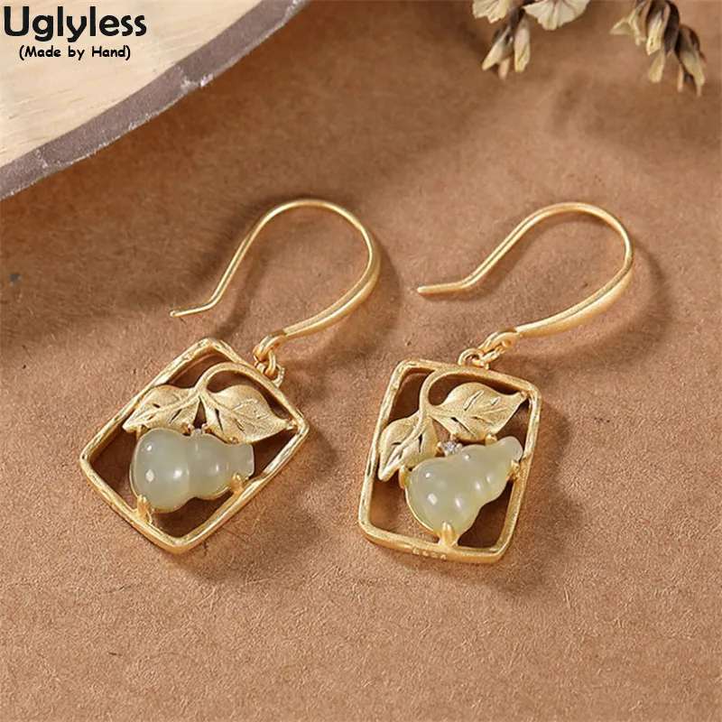 

Uglyless Retro Ethnic Square Grilles Earrings for Women Natural Jade Gourd Dangle Earrings Gold 925 Silver Leaves Brincos Bijoux