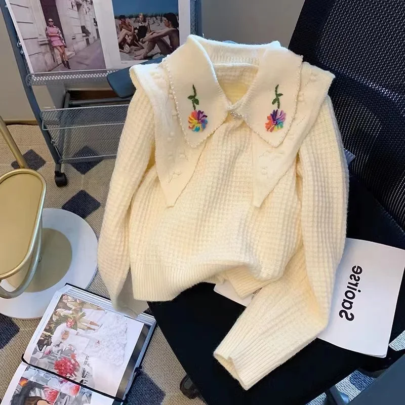 

Женский свитер с вышивкой, винтажный пуловер с отложным воротником и цветочным принтом, Осень-зима 2022