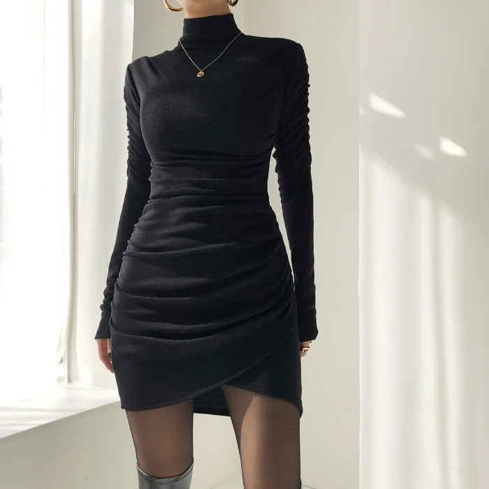 

Women's Dress Korean Chic Winter French Thickened Frosted Small High Neck Sexy Pleated Irregular Hip Dress Women