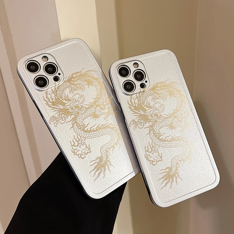 

IMD Electroplated gilding Dragon Case For iPhone 14 13 12 11 Pro Max X XR XS MAX Shockproof Square Soft Phone Back Cover Coque
