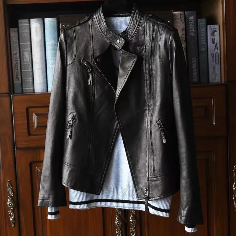 Genuine Leather Coat Female Short Jacket Spring And Autumn Women's Slim Sheepskin Stand Collar Slim Western Jacket