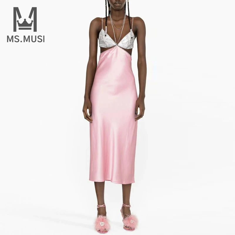 

Новинка 2023, модное дизайнерское женское сексуальное платье-миди с лямкой на шее и блестками